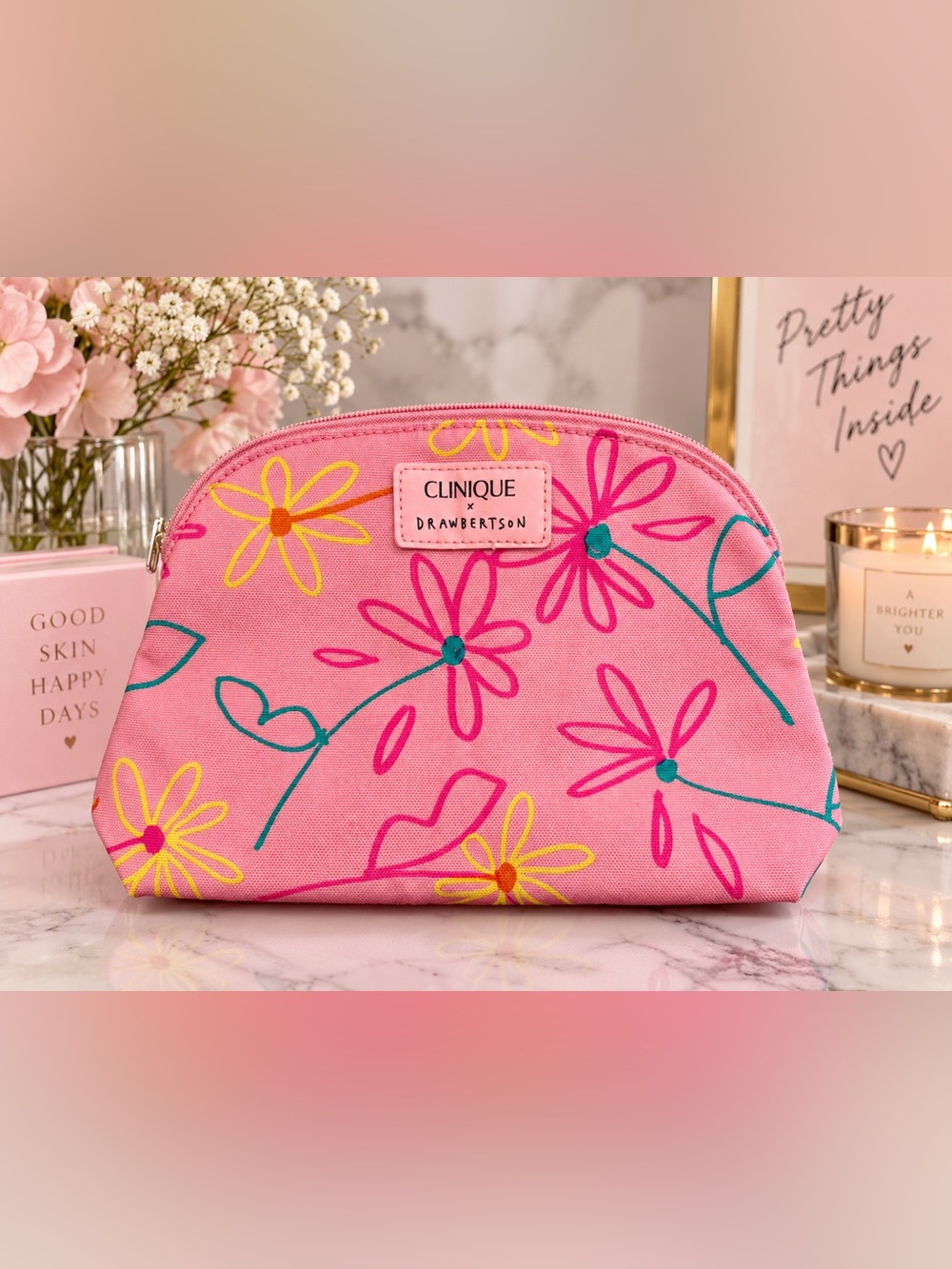 Clinique Pink Floral Makeup Bag